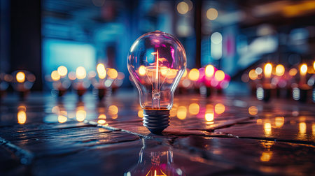 Incandescent light bulb on a wooden table with a blurred backgroundの素材