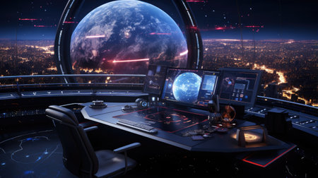Spaceship interior with a view of the planet Earthの素材