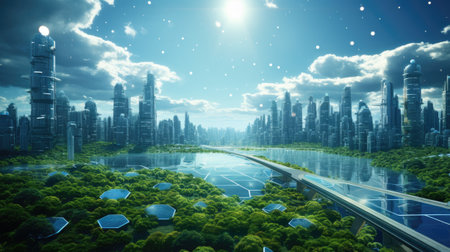 futuristic city with solar panels and green trees.の素材