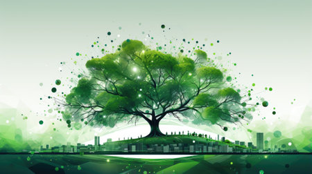 Ecology city background with green tree and cityscape.の素材