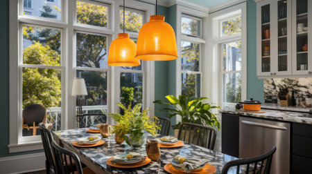 Modern dining room with orange lamps in the front of a window.の素材