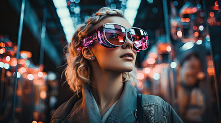 Portrait of a beautiful young woman in 3D glasses. Fashion shot.の素材