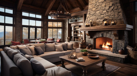 Cozy living room interior with fireplace, sofa and armchairs.の素材