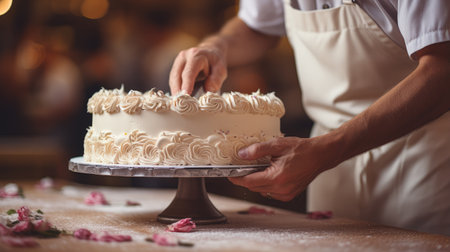 Closeup on the hands of a pastry chef decorating a cake with cream.の素材