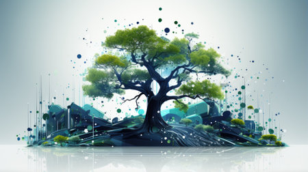 Conceptual image with green tree and people silhouettes.の素材