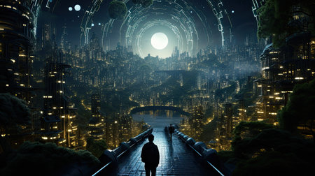 Mystery city at night with light tunnel and man silhouette.の素材