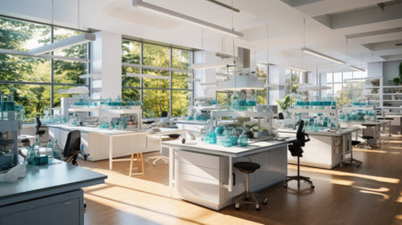 modern science laboratory interior with equipment and science experiments.の素材