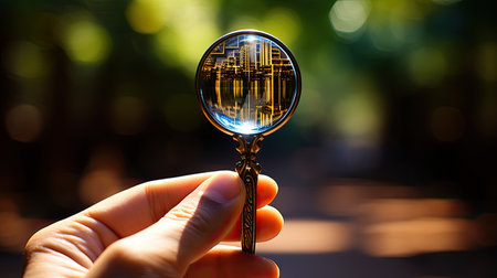 Magnifying glass in hand with city in the bokeh backgroundの素材