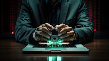 Cyber security and technology concept. Young man holding credit card in hand and using laptop computer.の素材