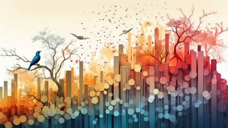 Cityscape background with trees and birds.の素材