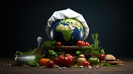 Healthy food ingredients and planet earth on wooden table in dark roomの素材