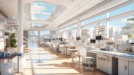 The interior of a modern kitchen with white walls and blue ceilingの素材