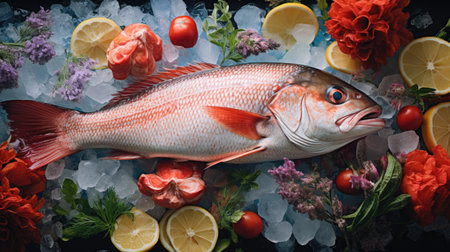 Fresh fish on ice with lemon, cherry tomatoes and herbs on black backgroundの素材