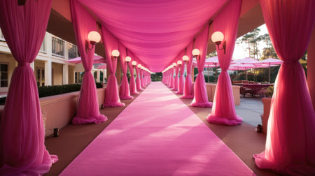 Outdoor wedding arch decorated with pink curtains and ribbonsの素材