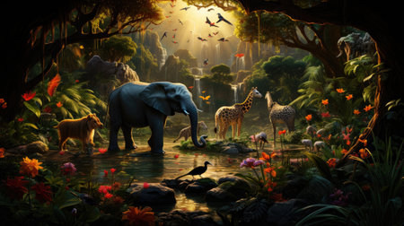 Elephant and giraffe in the jungleの素材