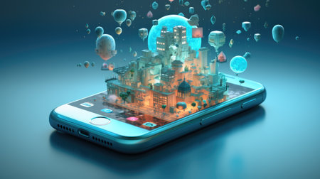 Smartphone with hologram city on screenの素材