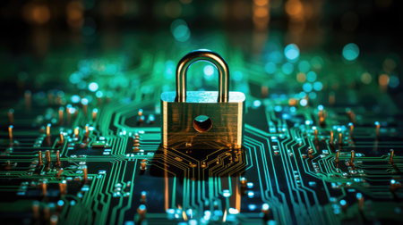 Padlock on computer circuit board background. Cyber security and protection concept.の素材