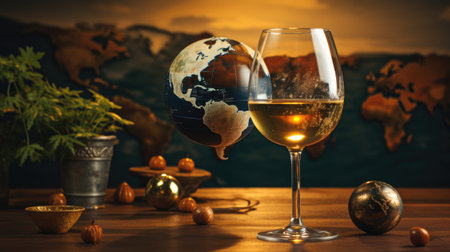 Globe and glass of white wine on a wooden table against the background of the world mapの素材