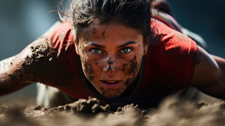 Close up portrait of an athletic young woman doing a push-ups on the sandの素材