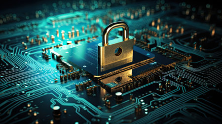 Padlock on computer circuit board. Cyber security concept.の素材