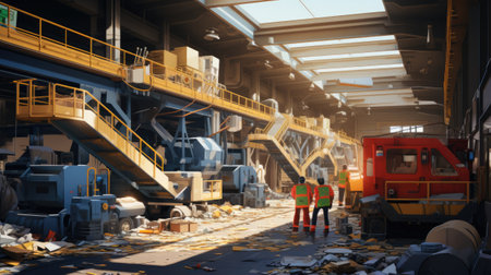 Warehouse workers working in a large warehouse.の素材