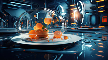 Futuristic burger with orange inside glass sphere.の素材