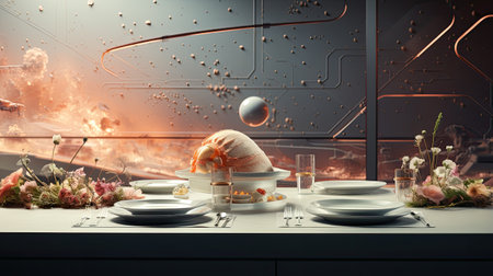 Dining table with food and glassware.の素材