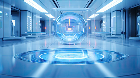 Futuristic spaceship interior with glowing hologram. Futuristic space concept.の素材