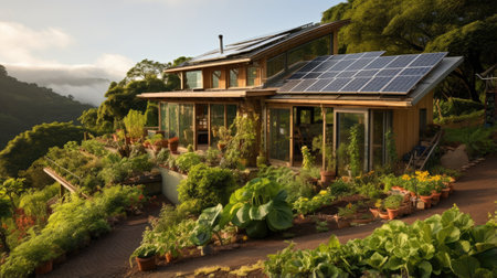 House with solar panels on the roof and vegetable garden in the foregroundの素材