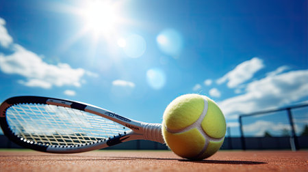 Tennis ball and racket on the tennis court. Sport background.の素材