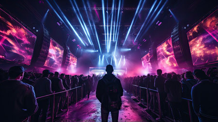 Silhouette of a man standing in front of the crowd at nightの素材