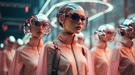 a female cyborg wearing futuristic sunglasses in a cyber space sceneの素材
