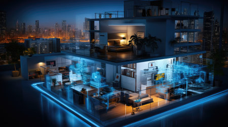 Modern office interior design with city view and lights.の素材