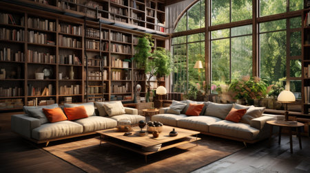 Interior of a modern living room with a bookcase and sofaの素材