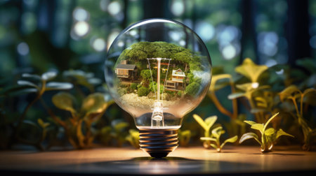 Light bulb in the shape of a house with a green forest insideの素材