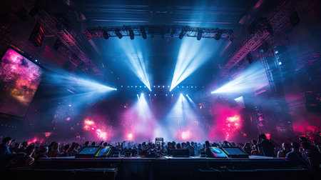 Concert crowd in front of a bright stage with lights and smokeの素材