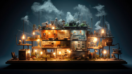 a miniature house on the background of the night cityの素材