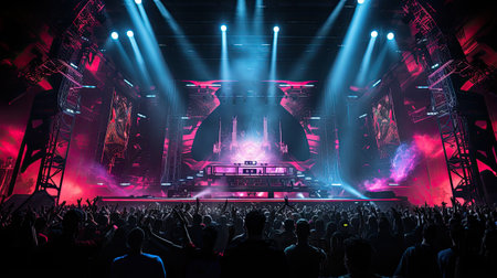 Concert crowd in front of a bright stage with lights and smokeの素材