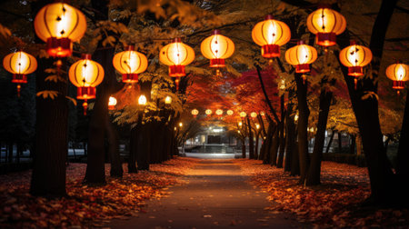 Lanterns in the park at night, autumn season.の素材