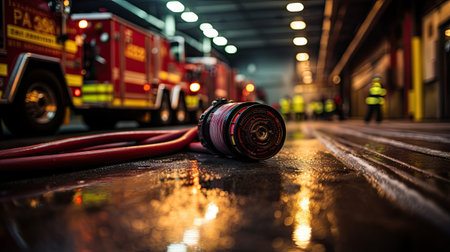 fire truck in the fire station with water drops on the floor.の素材
