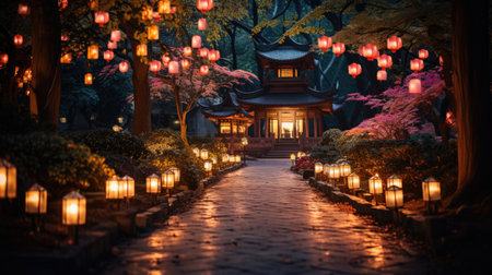 Lanterns decorate the garden at night in Japan.の素材