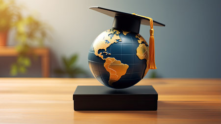 Global Education Concept. Graduation cap on the globe.の素材
