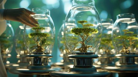 Bonsai tree in glass bottles on bokeh background, closeupの素材