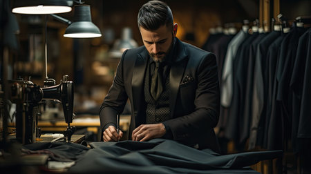 Fashion designer working on a new collection of clothes in his studioの素材