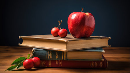 Books and apple on a wooden table. Education background. Back to school.の素材