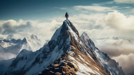 Man on top of a mountain in the clouds.の素材
