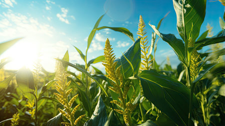 Close up of corn growing on the field in summer. Agricultural backgroundの素材