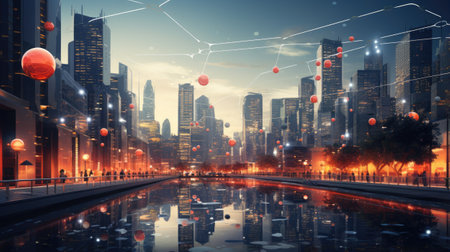 Modern city at night with lights and red balls.の素材