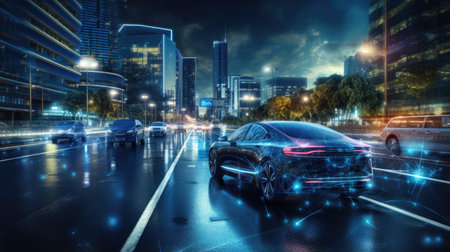 car on the road with light trails on the modern building background in Cityの素材