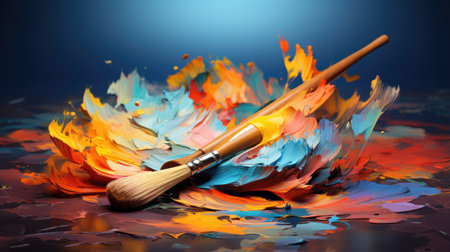 Paint brushes and colorful paint splashes on a dark background.の素材
